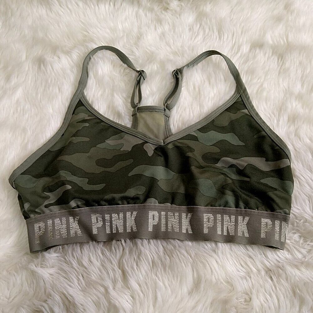 💥5/$25 PINK Victorias Secret Womens S Ultimate Sports‎ Bra Green Camo Racerback